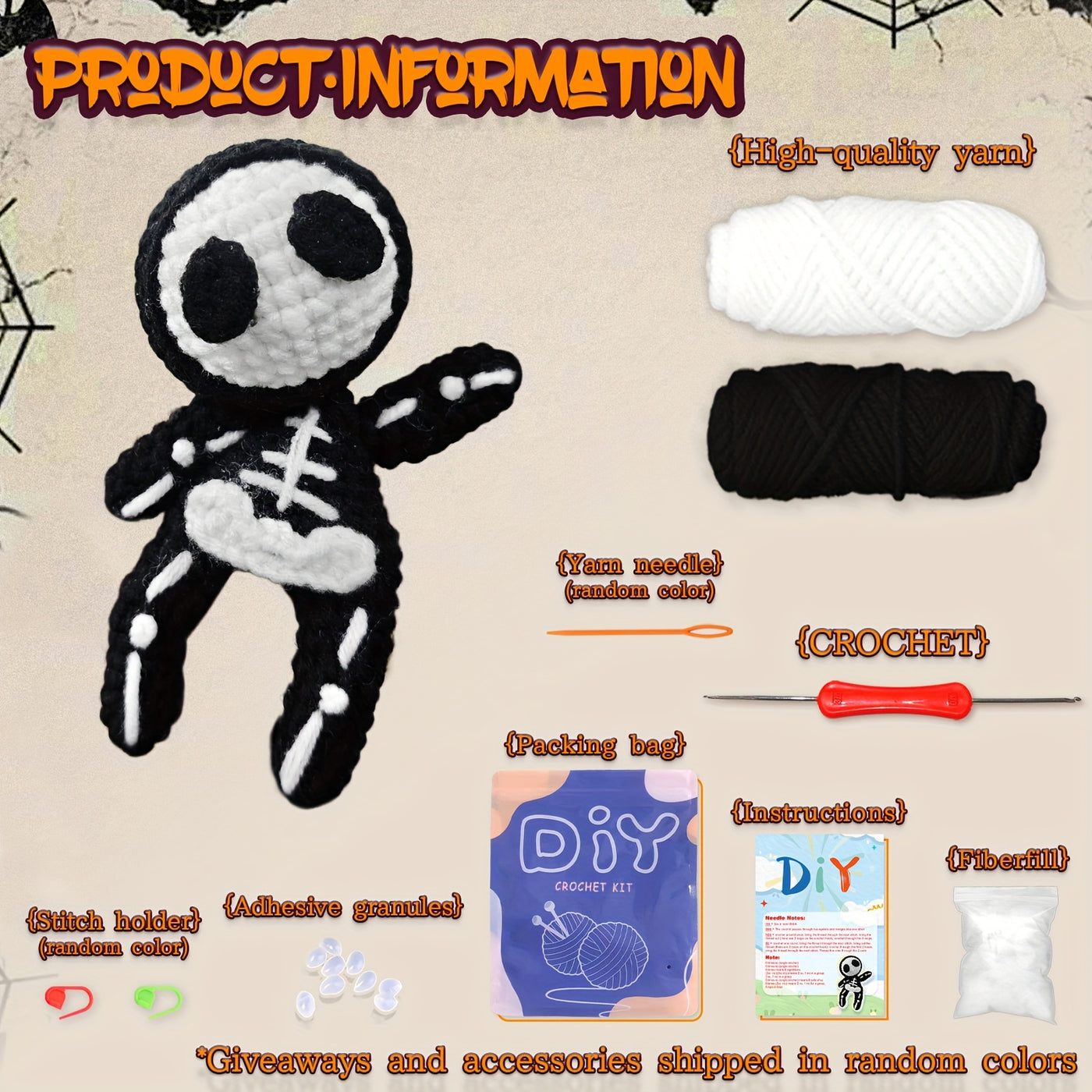1pc Little skull Crochet Kit, Crochet Kit for Beginners, Knitting Kit with Step by Step Video Lessons and Crochet Accessories (Accessories color random) Armonisa